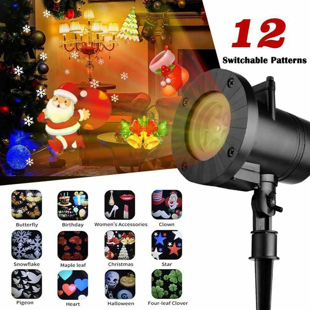 12X Pictures Projector Light Newest LED Christmas Moving Laser Snowflake Xmas