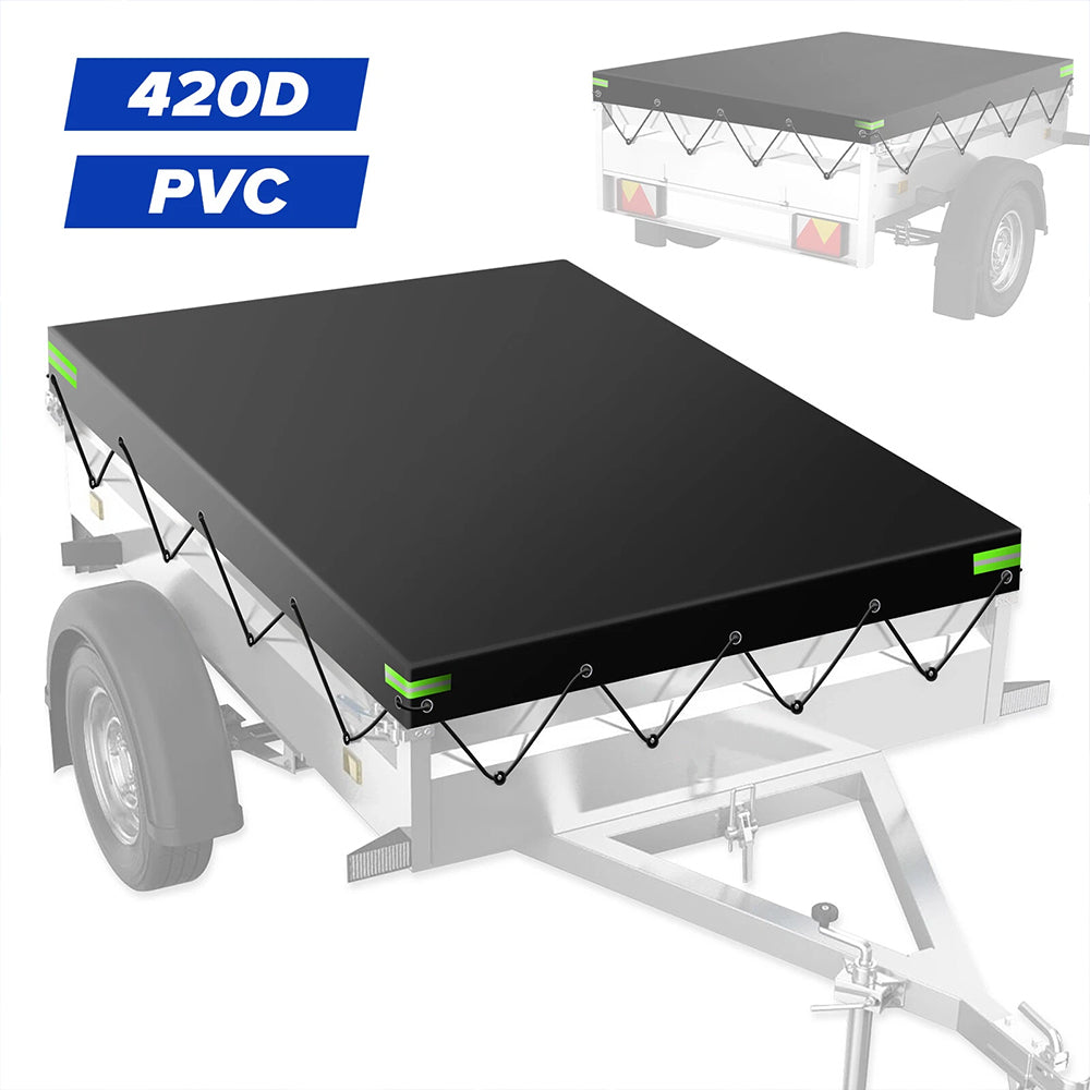 Black Trailer Cover with Bungee Cord 214*122*13cm - Heavy Duty Waterproof Tie Down 420D
