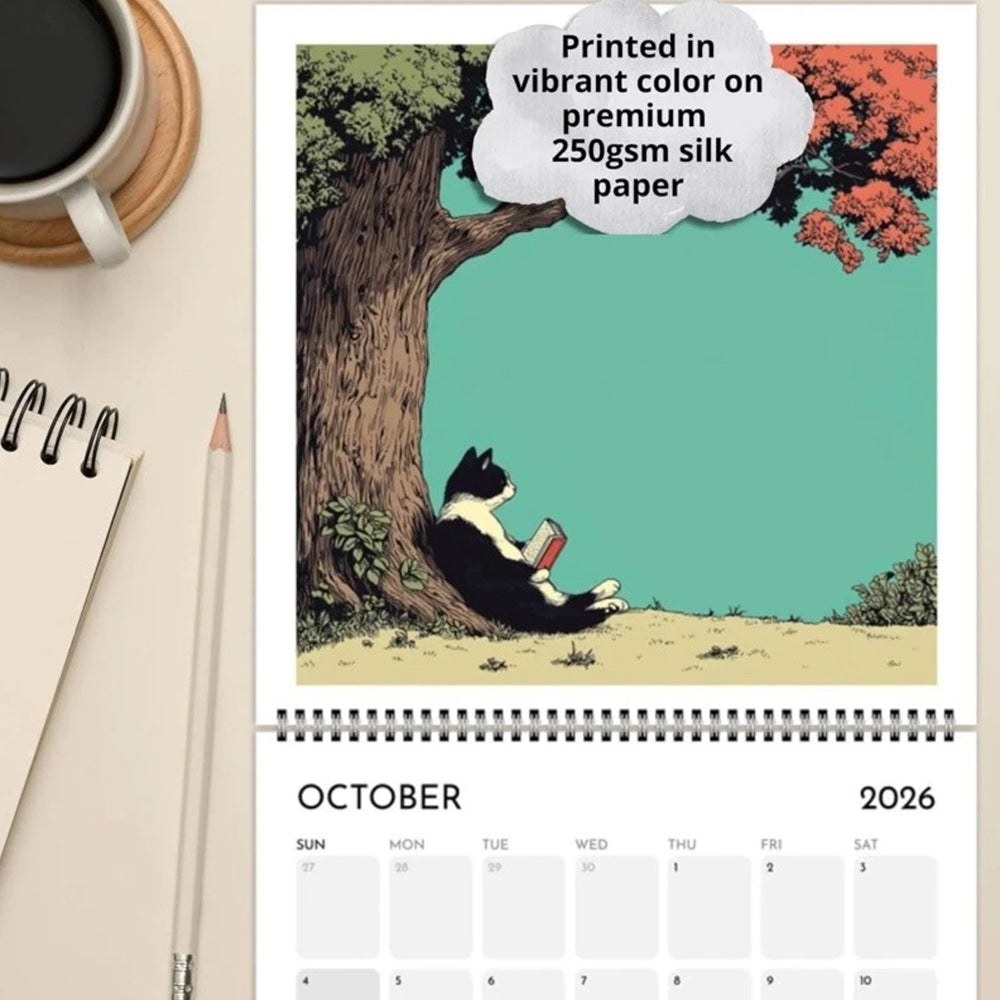 Cats Chillin' with Books 2026 Wall Calendar – 12-Month Cat-Themed Planner with Cozy Reading Illustrations