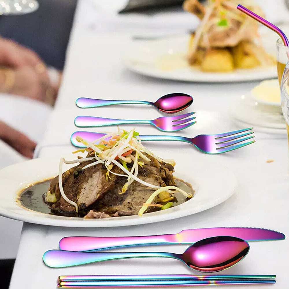 8PCS Portable Color Stainless Steel Tableware Dinnerware Travel Camping Cutlery Set