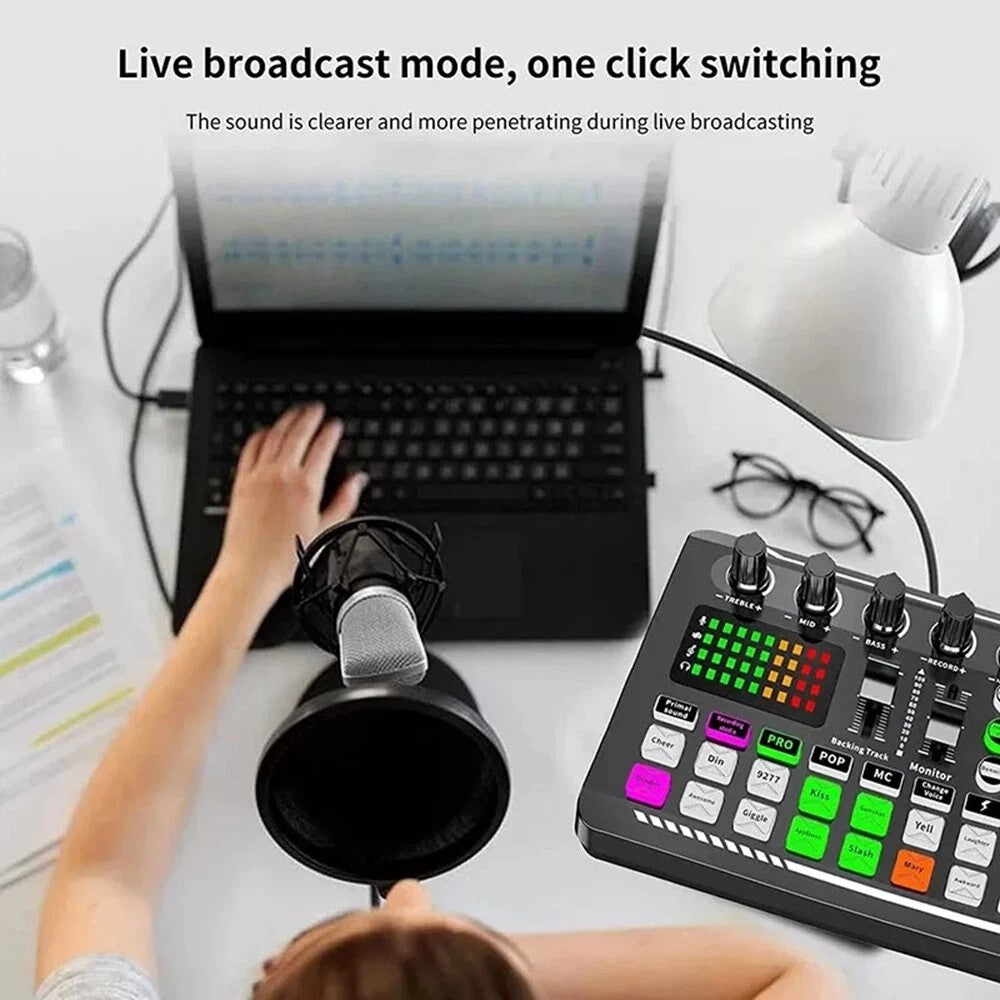 Live Sound Card and Audio Interface with DJ Mixer Effects and Voice Changer F988