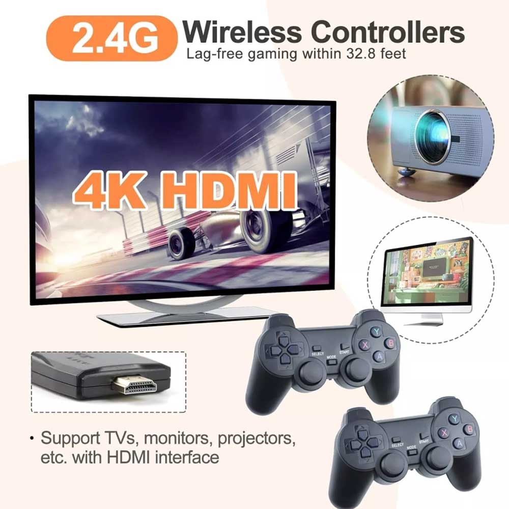 64GB Retro Game Stick Console – 20,000+ Classic Games, 2 Wireless Controllers, 4K HDMI TV Plug & Play