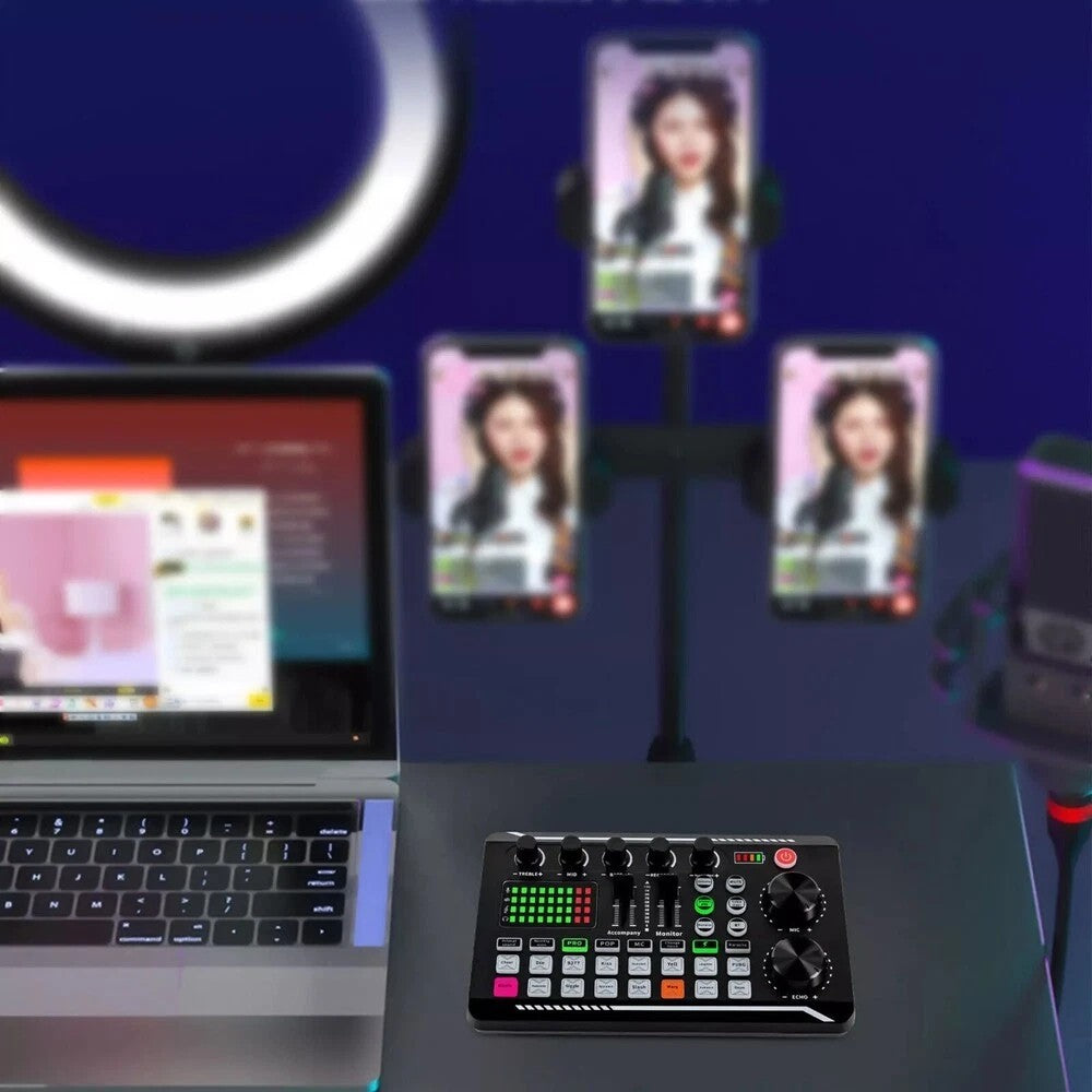 Live Sound Card and Audio Interface with DJ Mixer Effects and Voice Changer F988