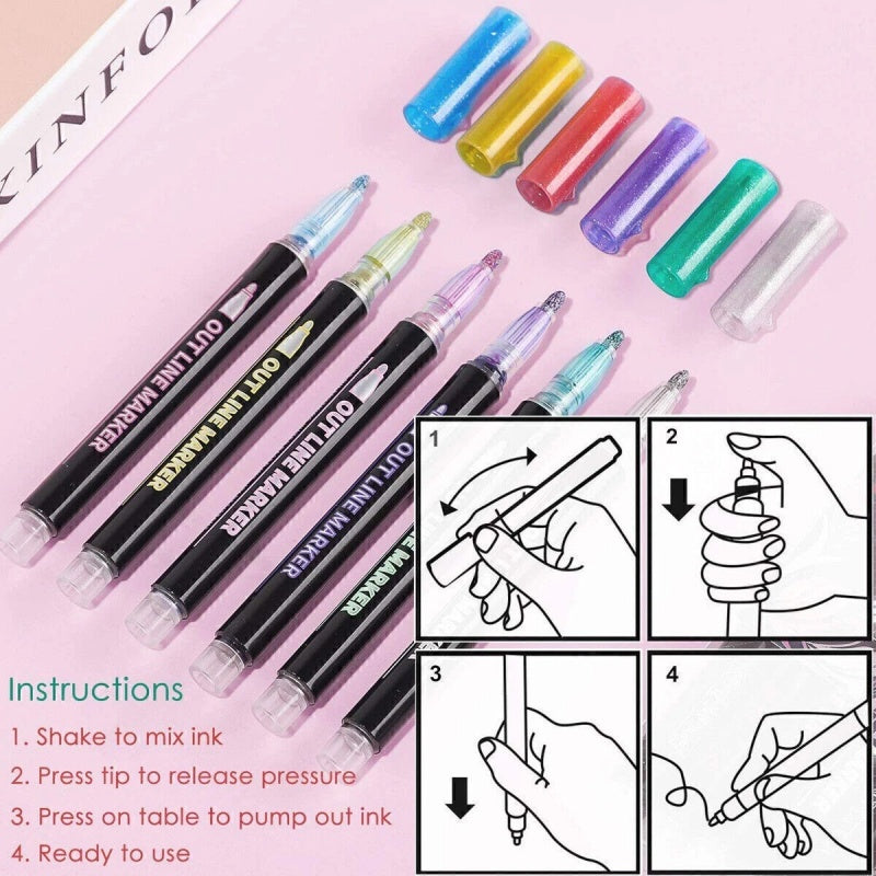 12 Colors Drawing Double Line Outline Pen Highlighter Marker Pens For School