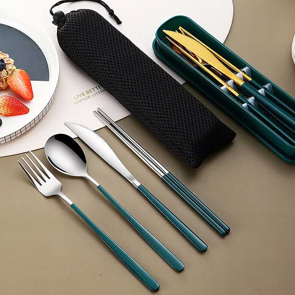 Cutlery Set Stainless Steel Spoon Fork Knife Chopsticks Travel Box Bag
