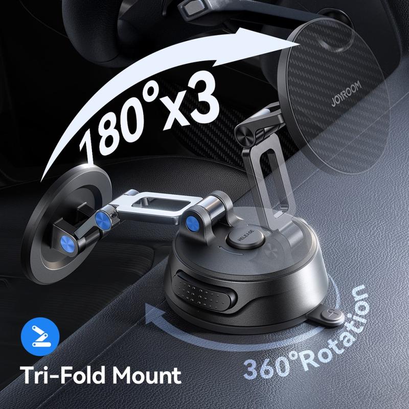Foldable Magnetic Car Phone Holder with Suction Cup Base, Strong Magnet Stable Mount for Dashboard & Windshield – Black