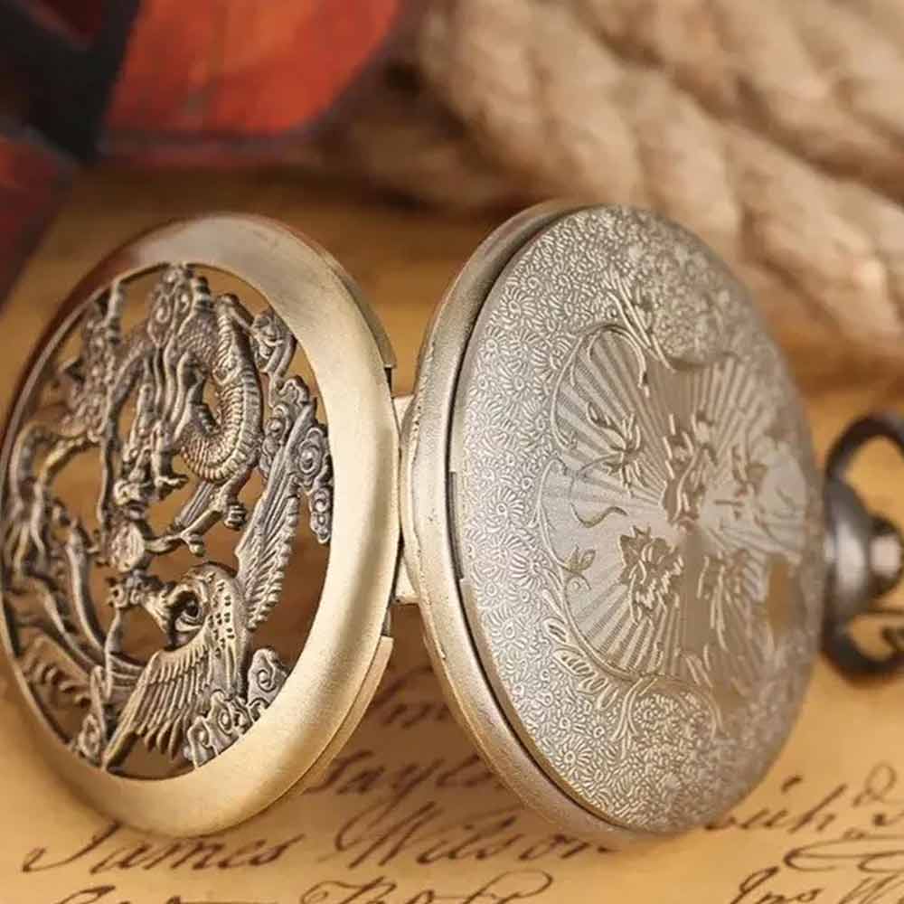 Dragon and phoenix Vintage Quartz Bronze Pocket Watch with Chain