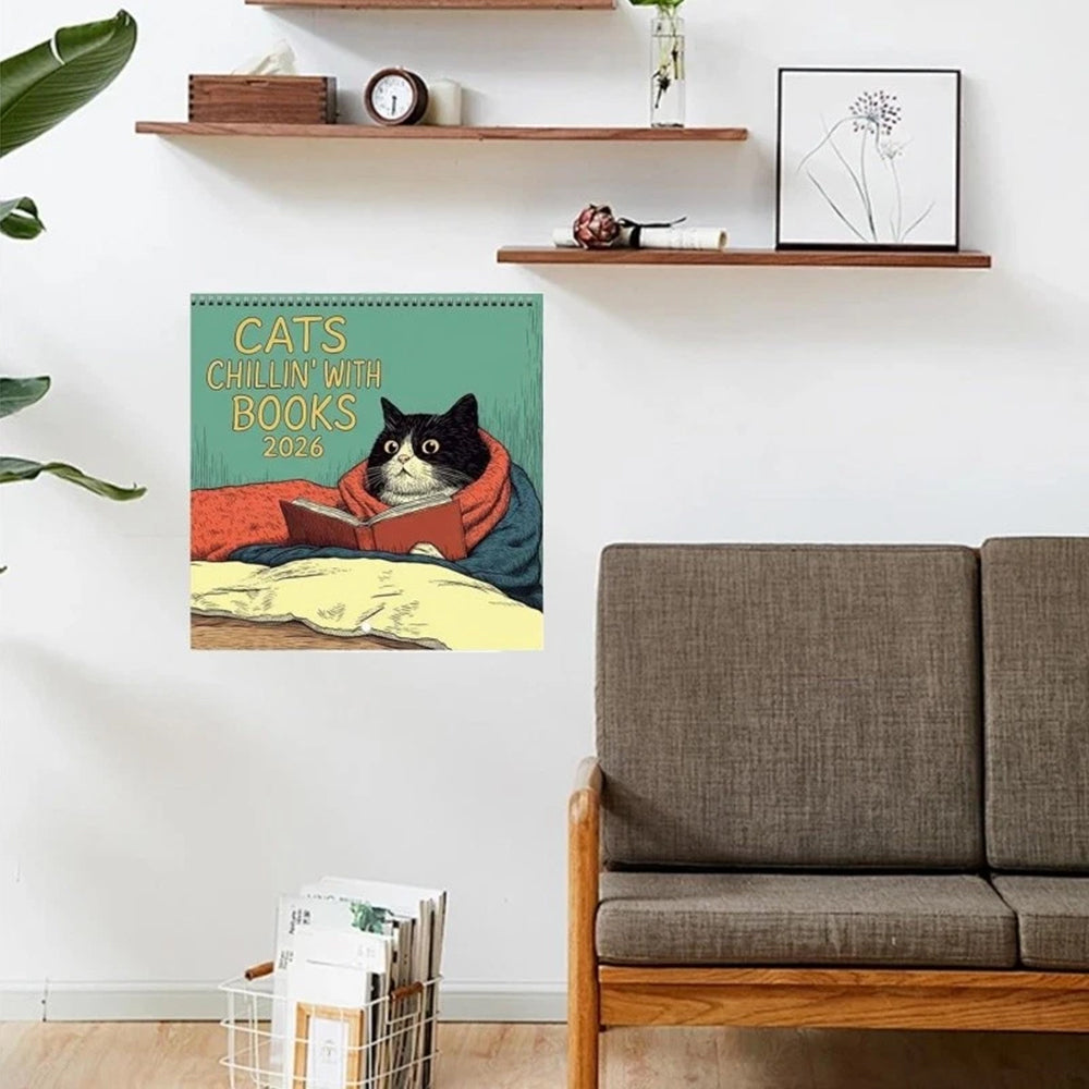 Cats Chillin' with Books 2026 Wall Calendar – 12-Month Cat-Themed Planner with Cozy Reading Illustrations