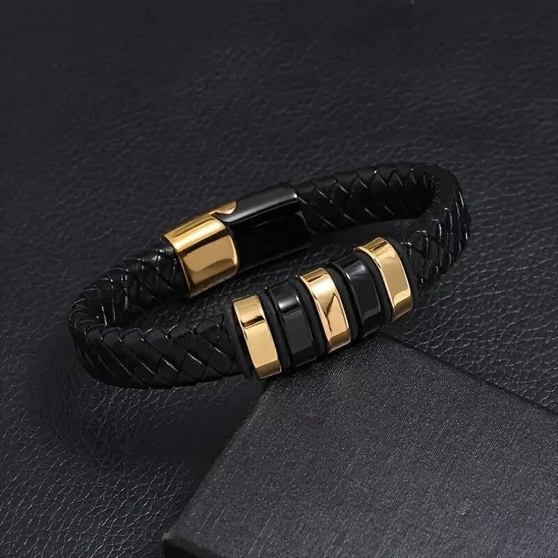 Mens Magnetic Braided Wristband Leather Rope Bracelet Bangle Wrap Black 22 cm