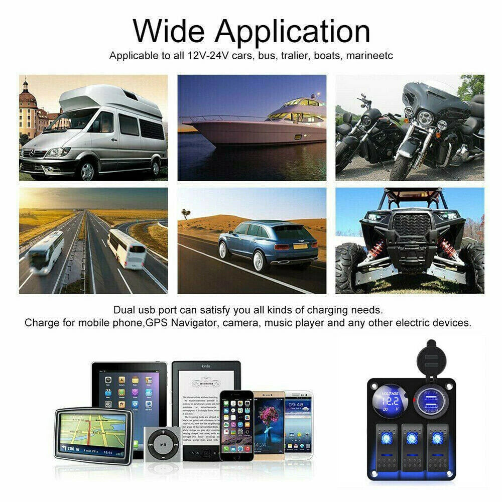 3 Gang 12V/24V LED Light Switch Control Panel USB Charger Car Boat RV Waterproof