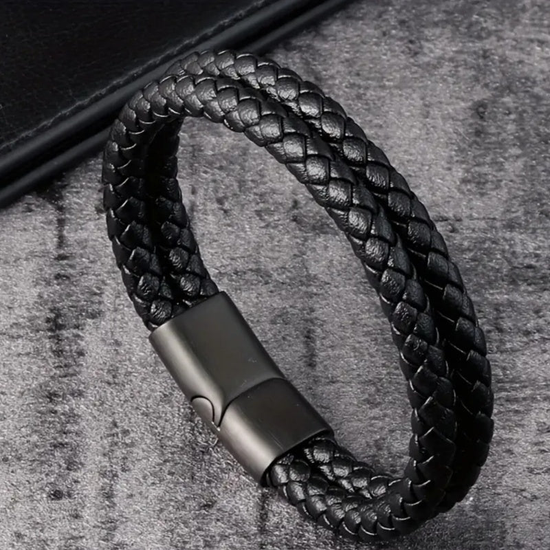 Mens Leather Braided Wristband Bracelet Stainless Steel Magnetic 6mm Black 21CM