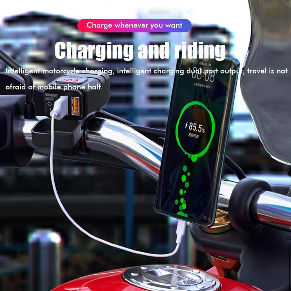 Dual USB Port Motorcycle Fast Charger Socket LED Voltmeter Display ON/OFF Switch