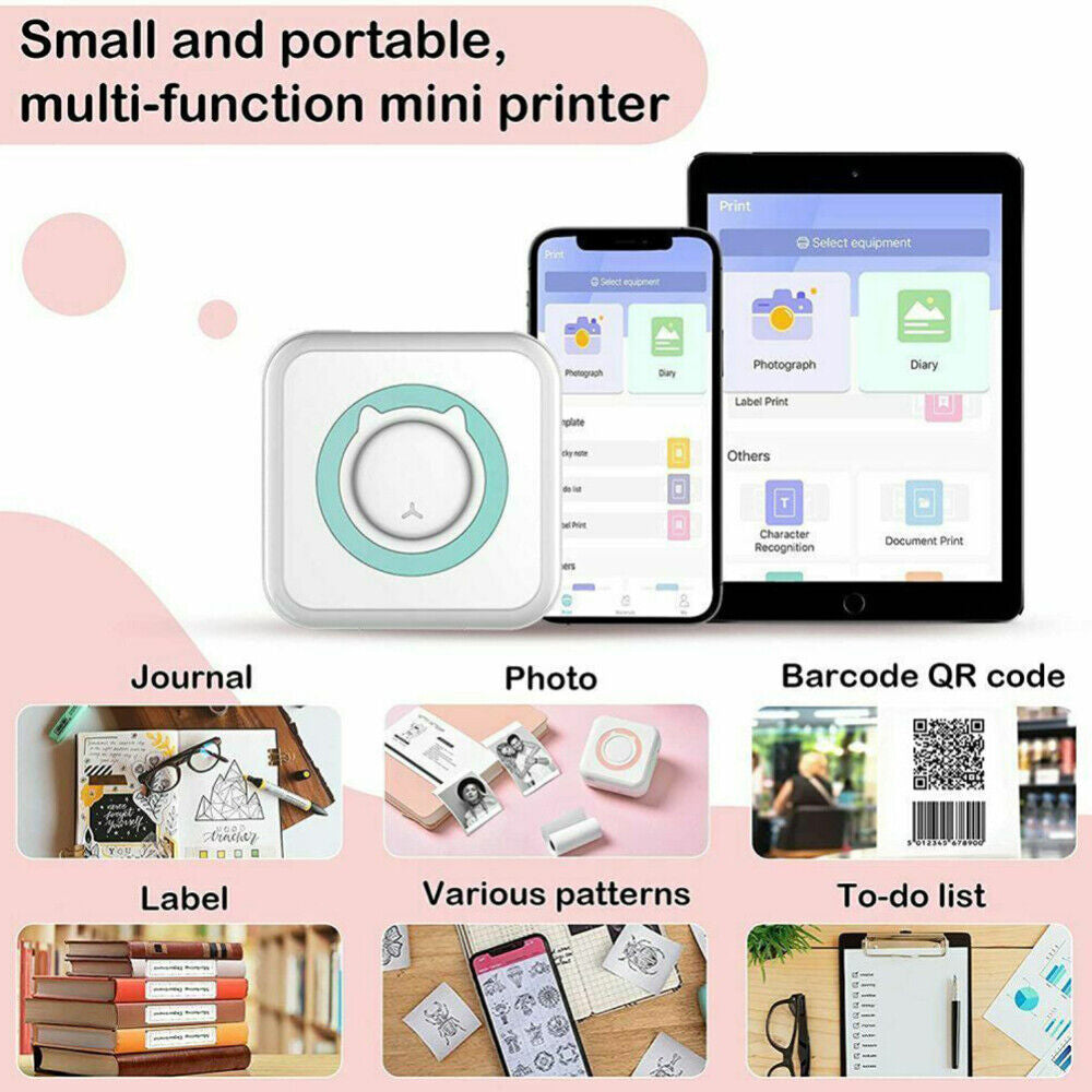 Mini Thermal Printer Sticker Bluetooth Photo Label Paper Inkless+ Rolls Paper