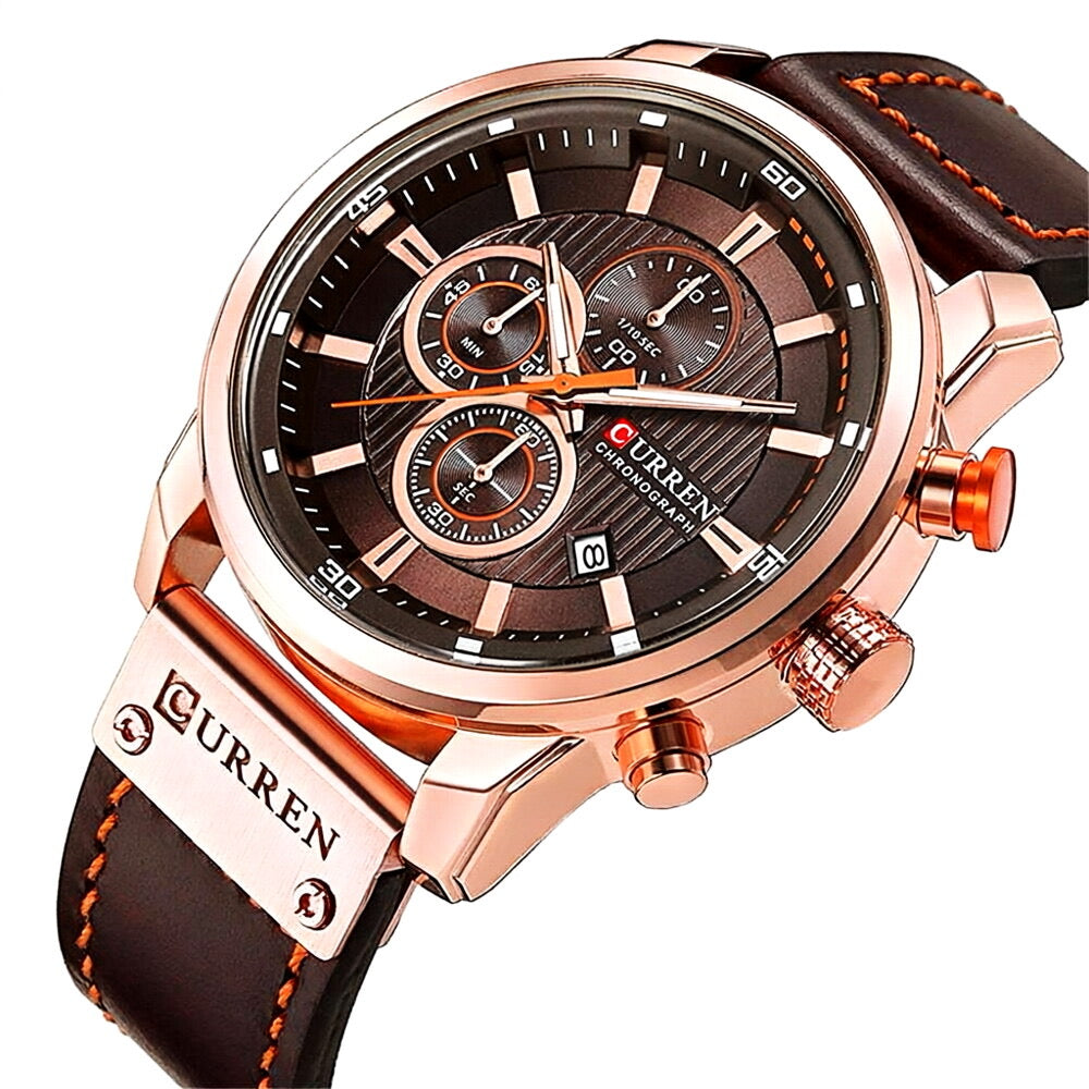 CURREN 8291 Men Waterproof Quartz Watch Multifunction Chronograph Sports Casual Leather Wristwatch