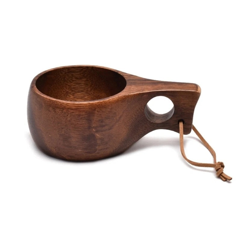 Finland Kuksa Portable Coffee Mug Acacia-Wood Handle Cowhide Rope Hook Juice Cup
