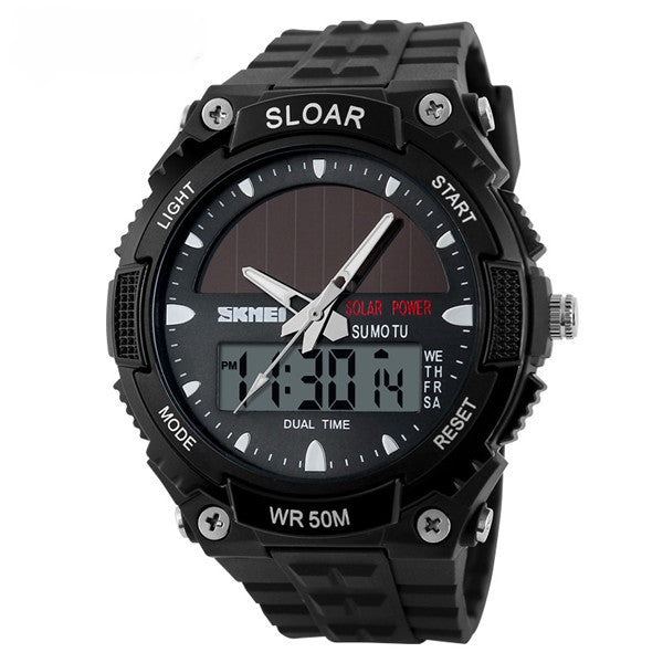 Men's Solar Power Sport Dual Time LED Digital Waterproof Analog Quartz Watch