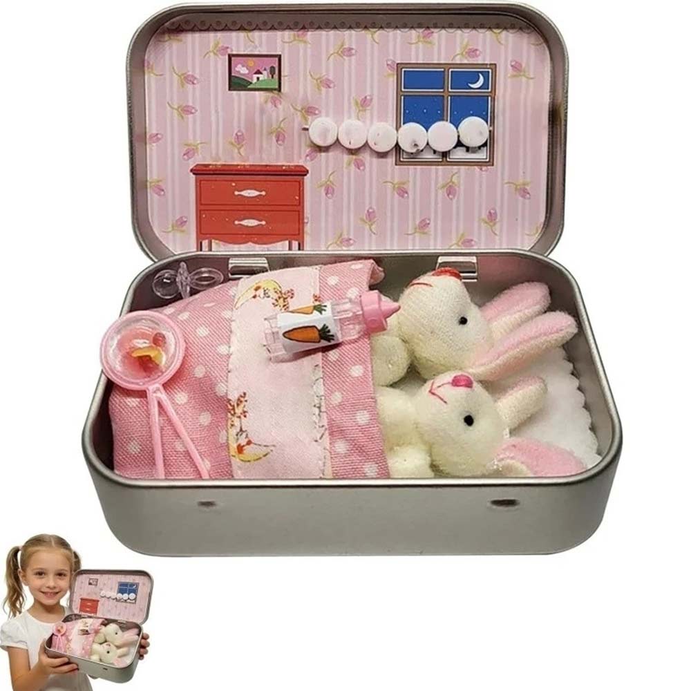 2 Bunnies in Tin Box - Easter Pocket Bunny Hug Plush Toys Ornament for Boys & Girls