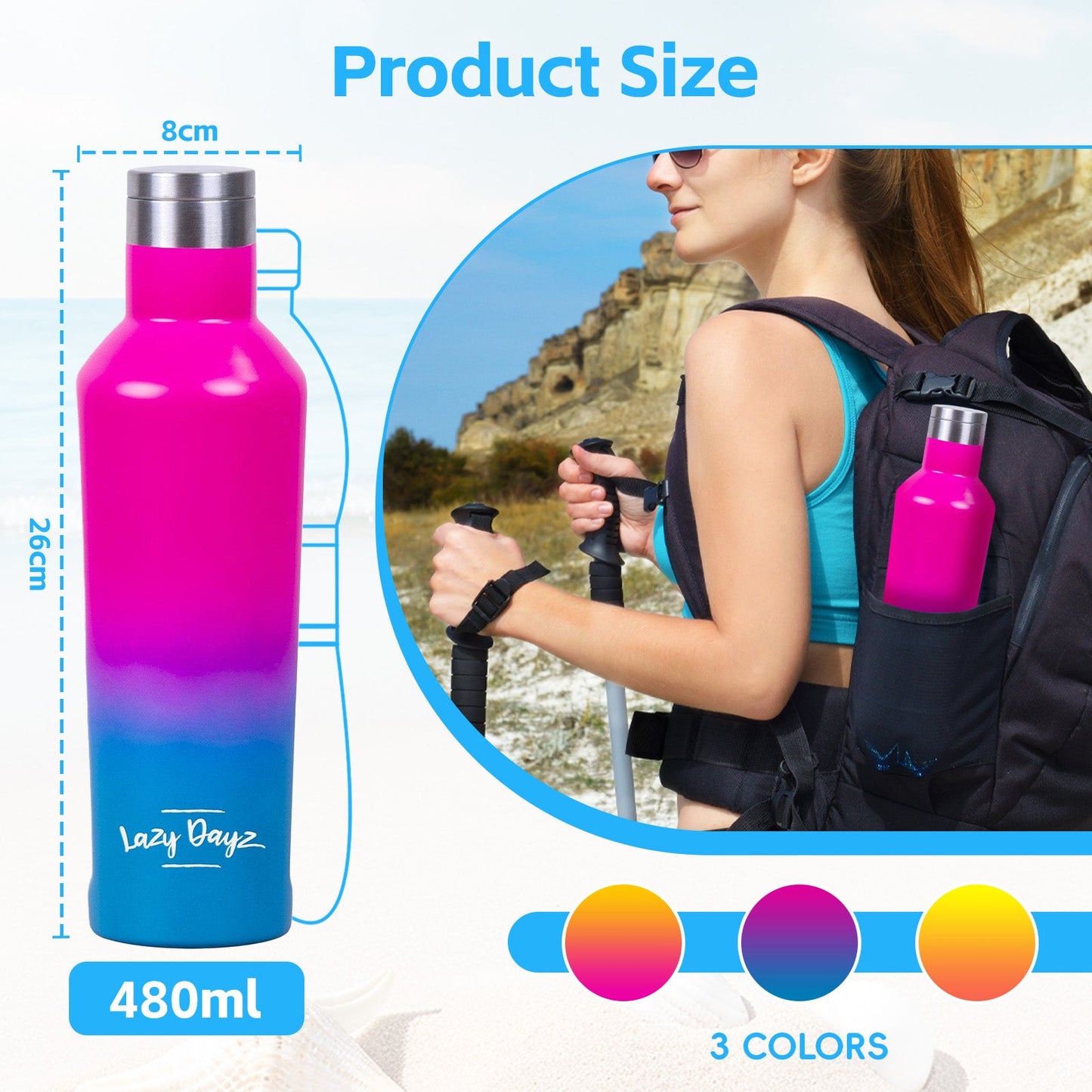Lazy Dayz Spartan Drink Bottle 480ml - Pink Blue Ombre