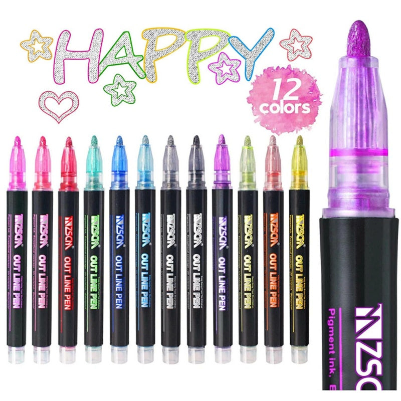 12 Colors Drawing Double Line Outline Pen Highlighter Marker Pens For School