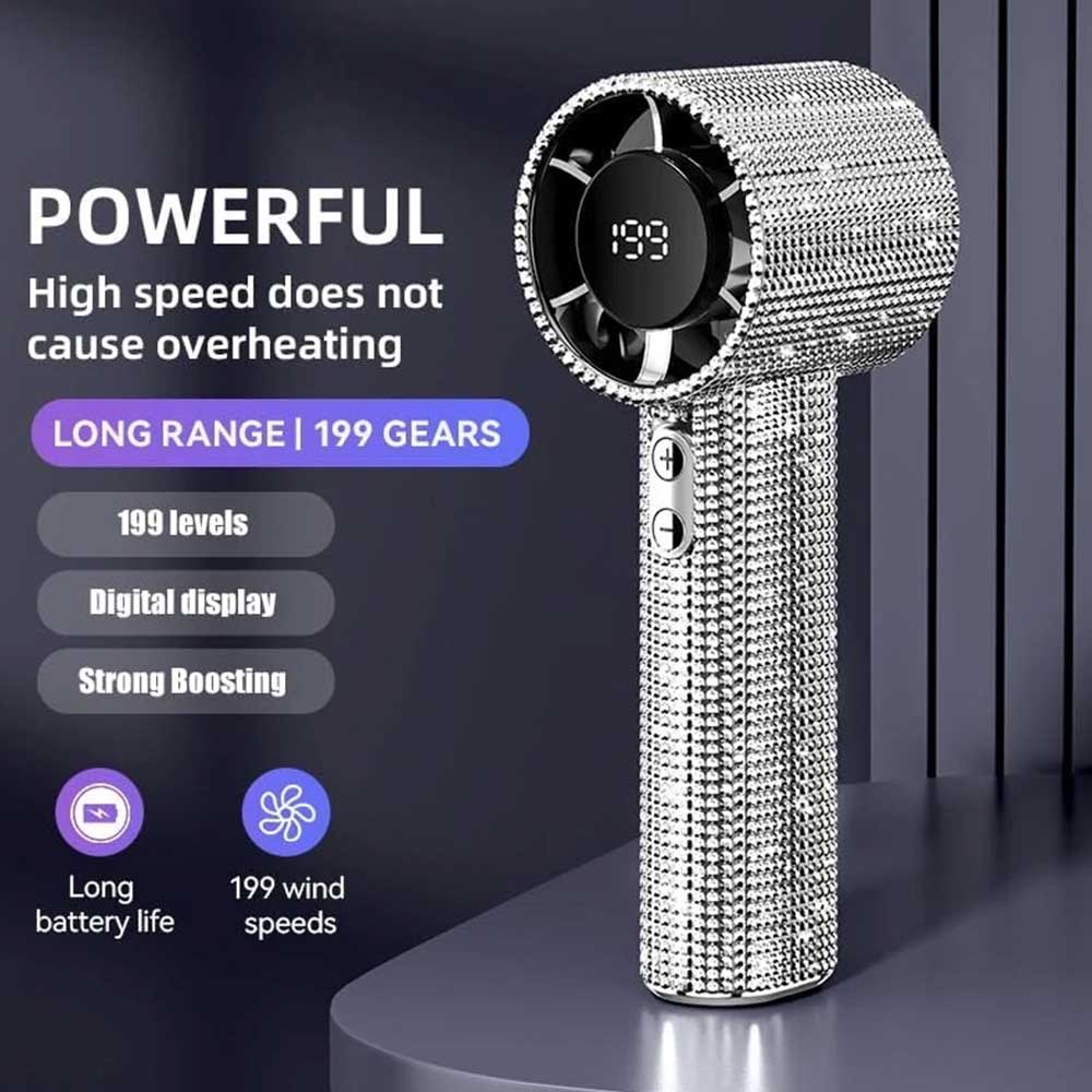 S5 Full White Diamond Handheld Turbo Fan - 199-Speed Portable LED Display Mini Fan