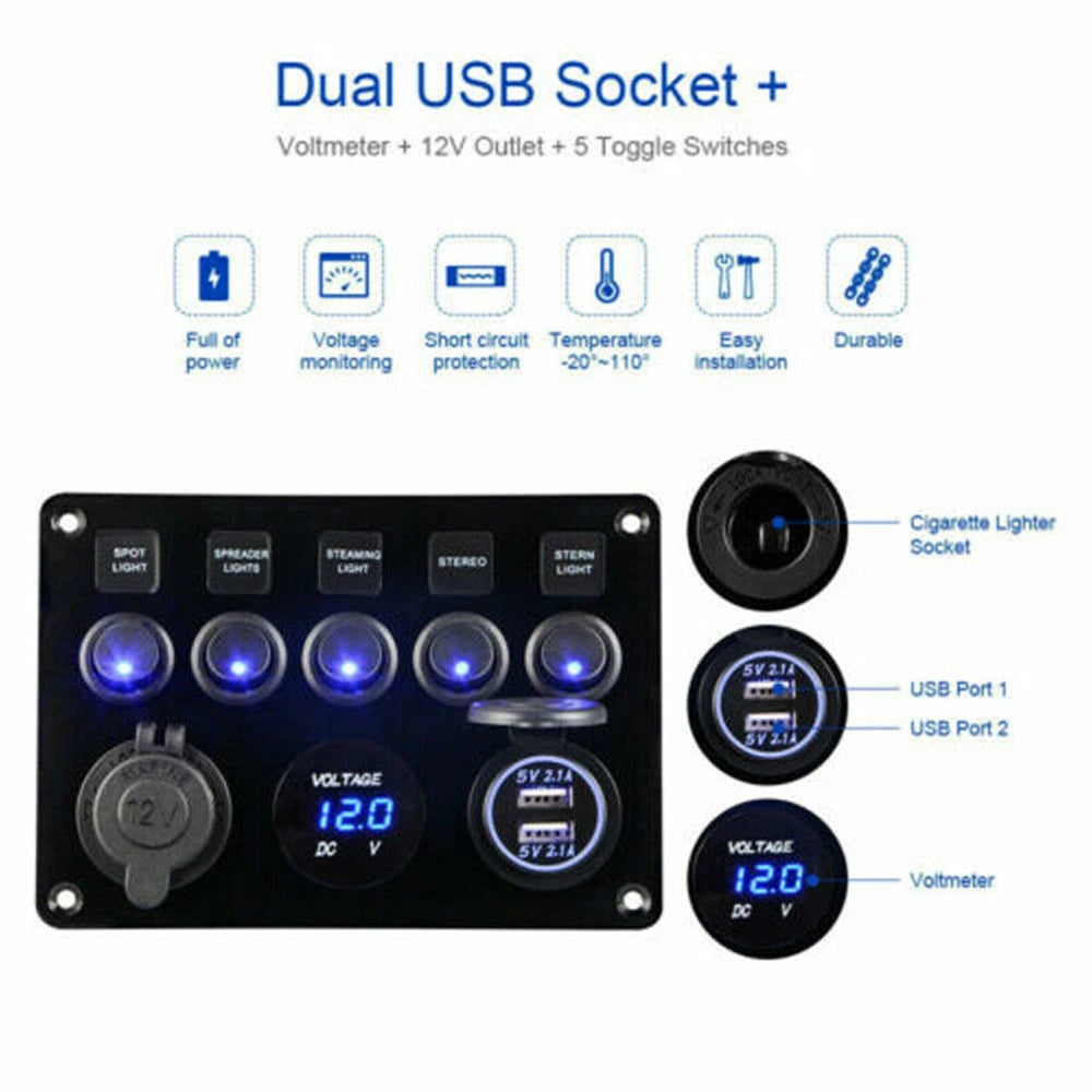5 Gang Campervan RV 12V LED Light Switch Control Panel Voltmeter USB Charger
