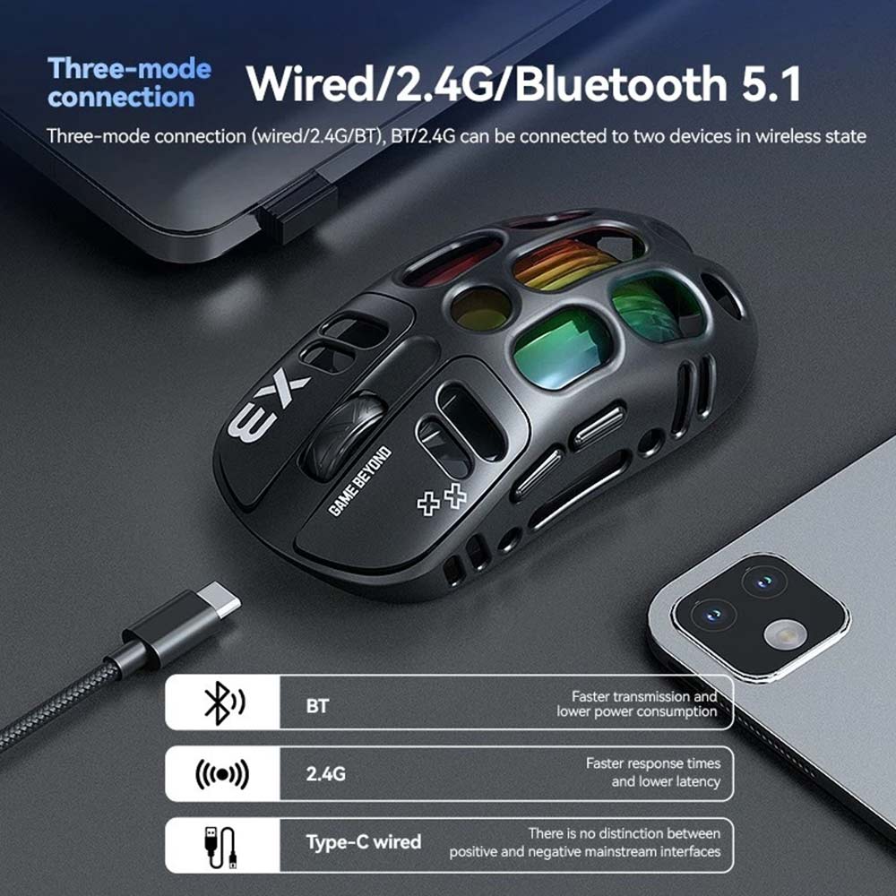 RGB Gaming Mouse TWOLF X3 - PAW3311 12000 DPI, Tri-Mode Wireless/Wired, 500mAh