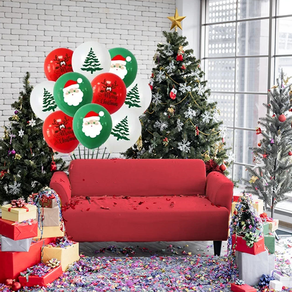 24-Pack Christmas Latex Balloons -Red, Green & White Santa & Tree Print Party Decorations