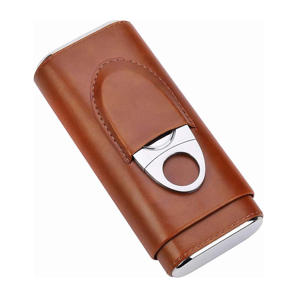 Cigar case Cedar Wood Lined - Cigar Travel case Cigar Cutter humidor case Brown