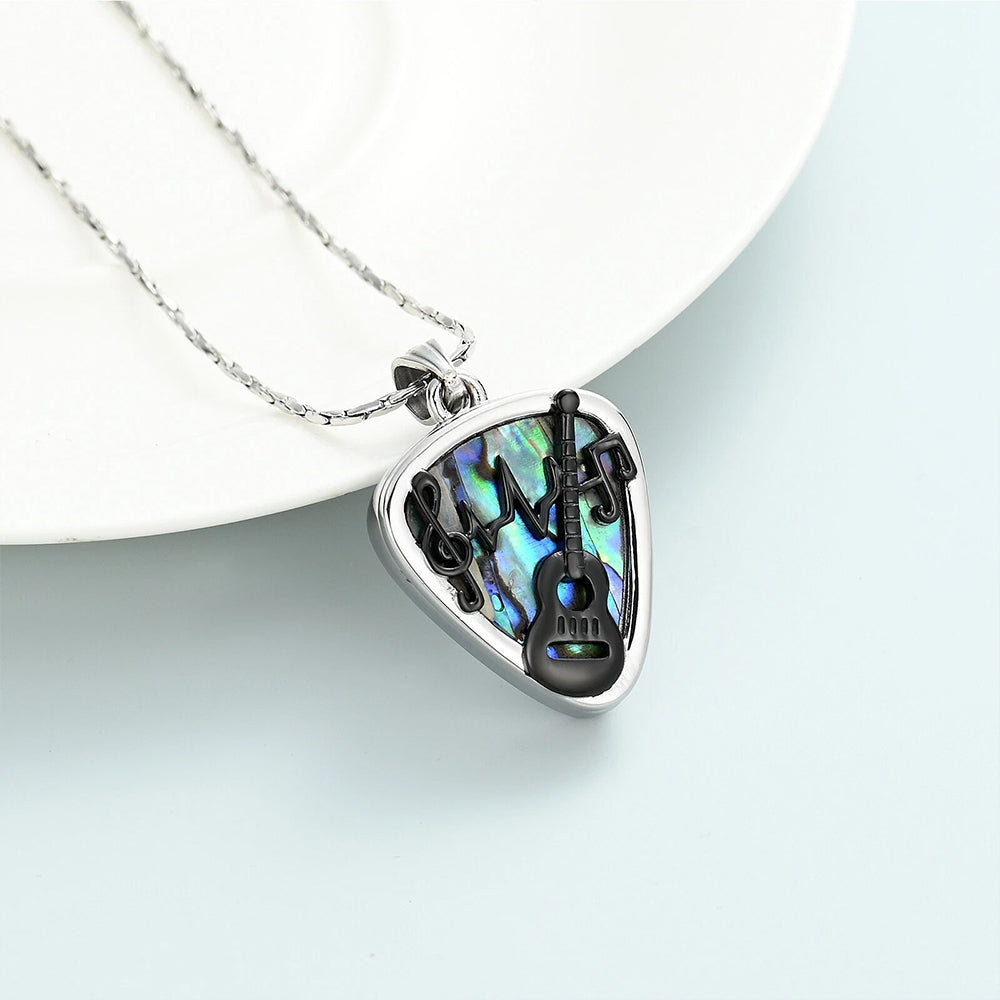 3-Piece Guitar Pick Ash Urn Necklace Set | Memorial Pendant with Abalone Shell & Musical Design