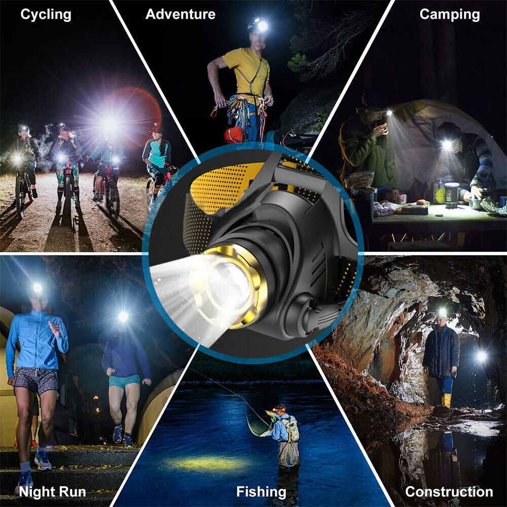 LED Headlamp USB Rechargeable Headlight Super Bright Head Torch Lamp Flashlight