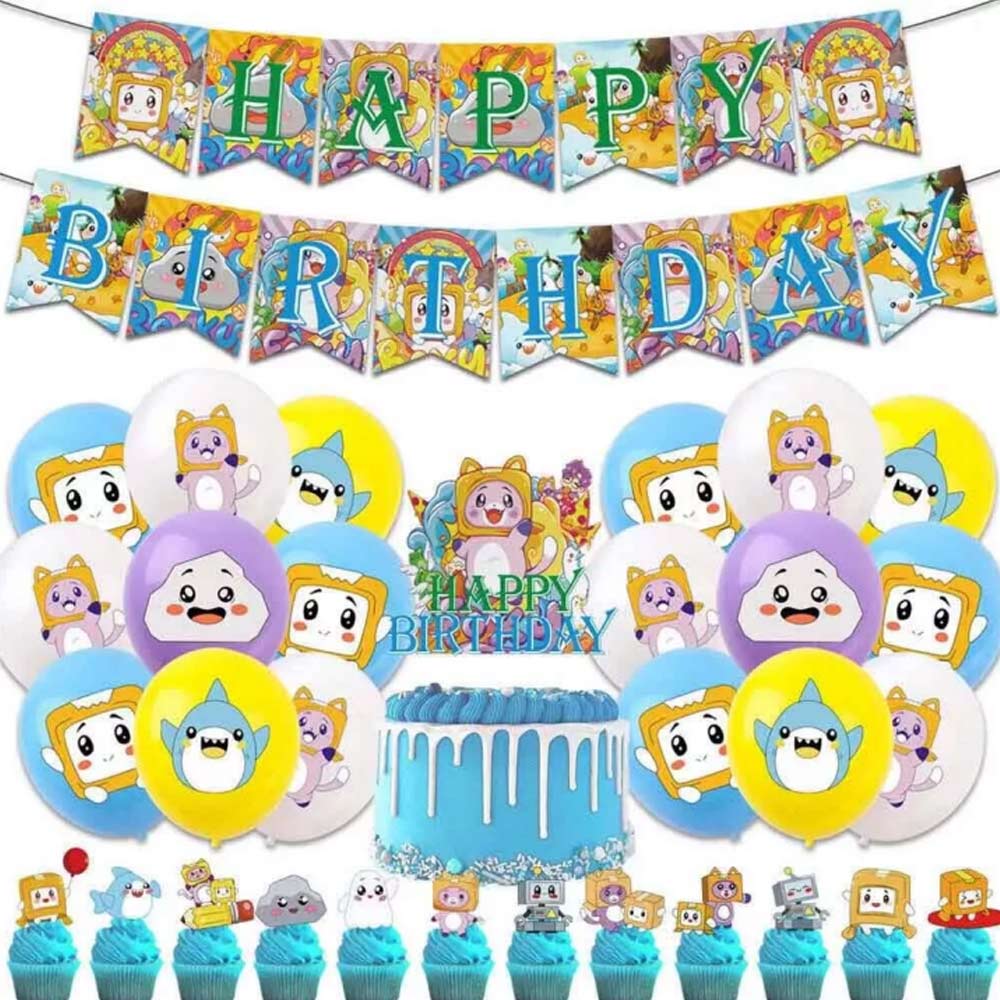 LankyBox Cartoon Kids Birthday Party Decor Balloons Banner Cake Toppers Set