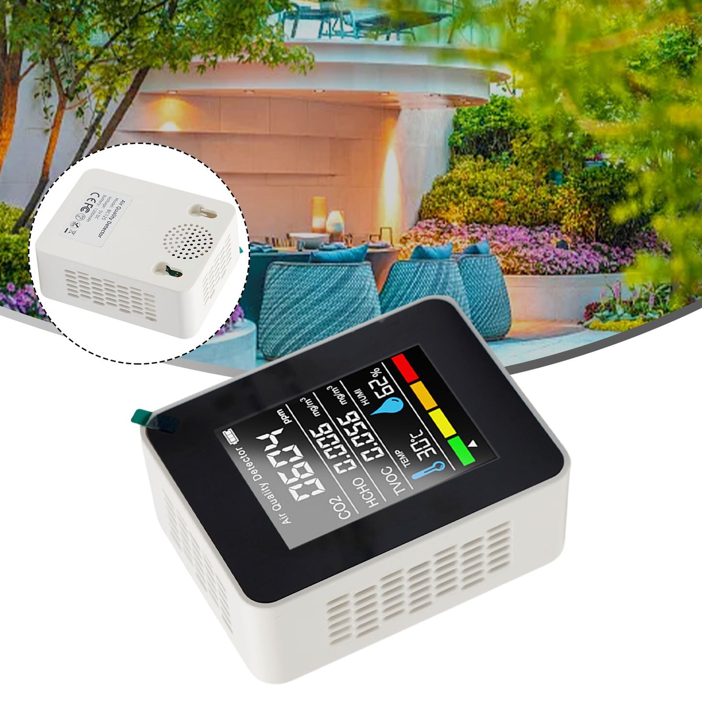 5-in-1 Air Quality Monitor – Portable CO2, HCHO, TVOC, Temp & Humidity Detector with USB-C Recharge
