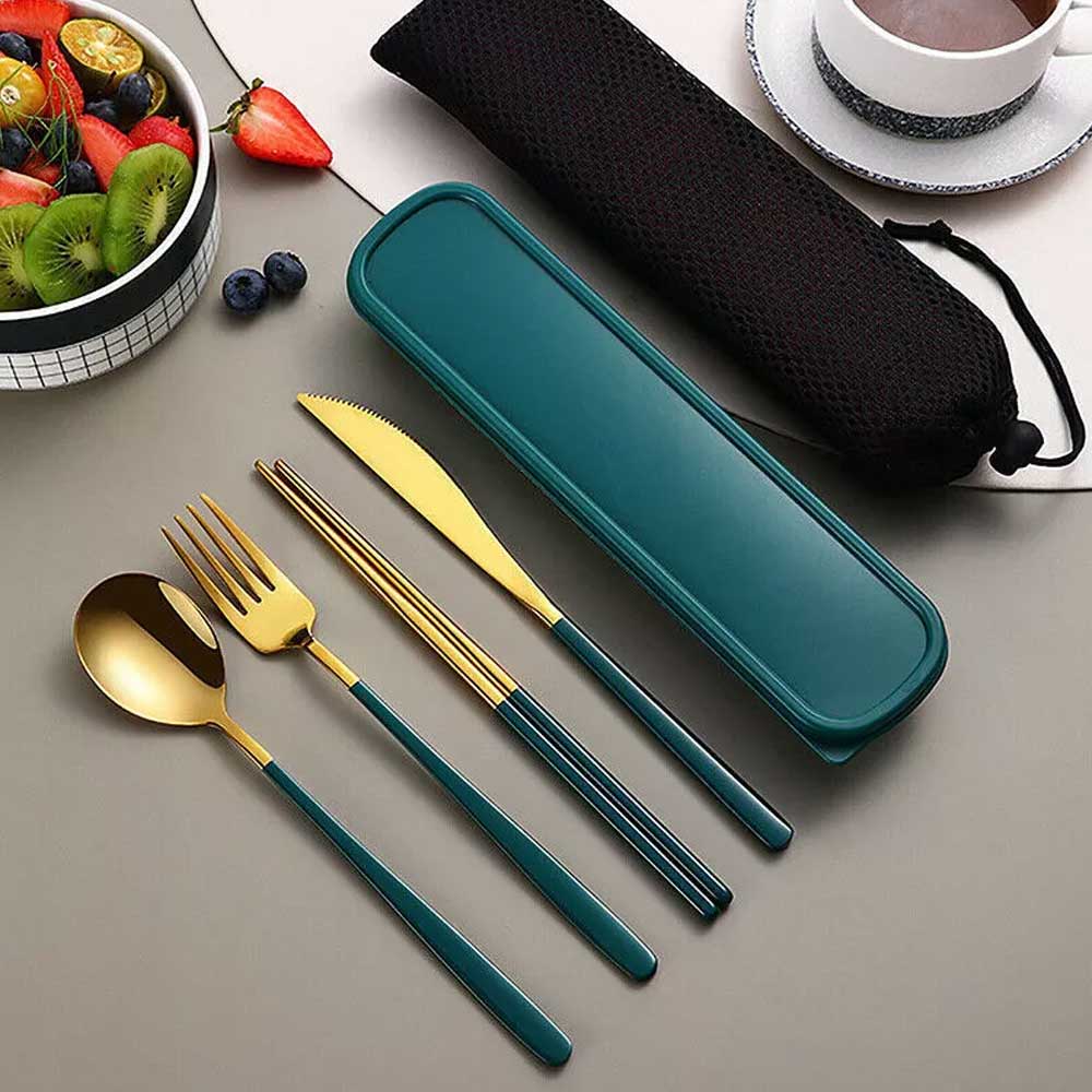 Cutlery Set Stainless Steel Spoon Fork Knife Chopsticks Travel Box Bag