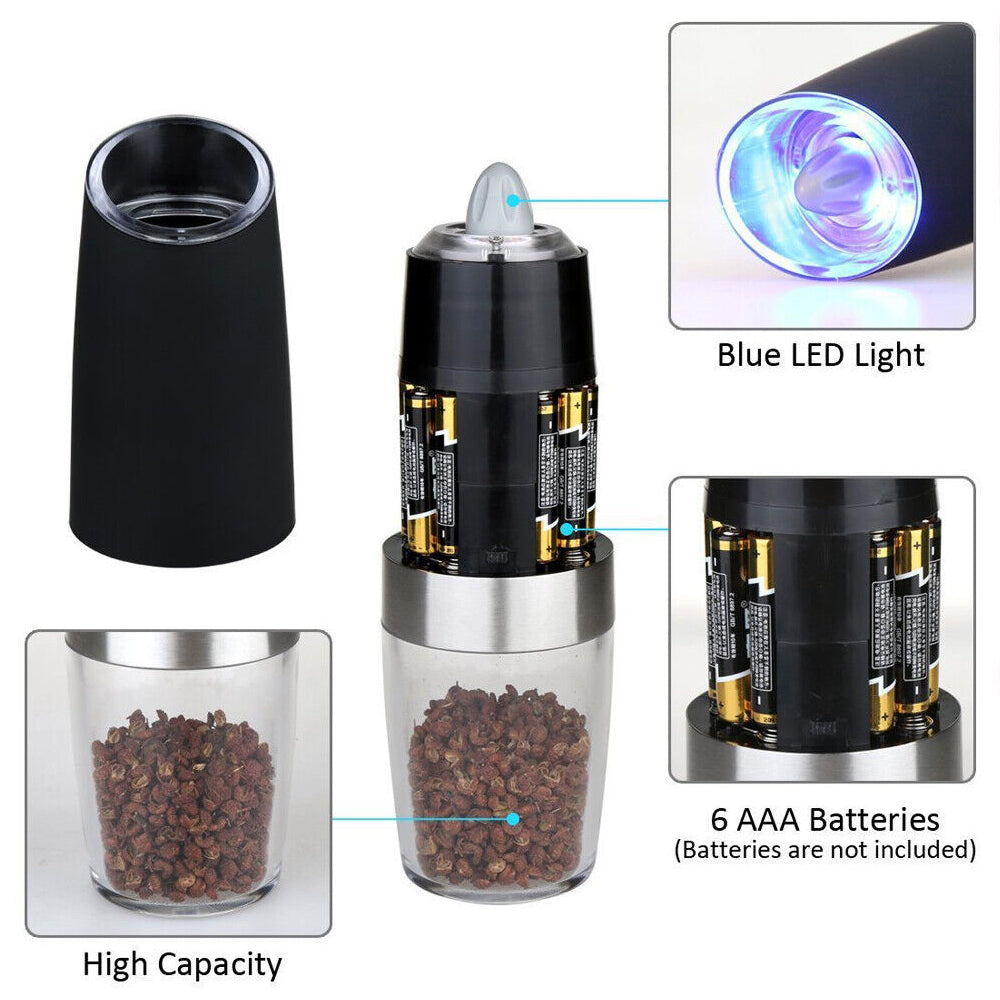Electric Pepper Mill Salt Shakers Gravity Automatic Grinder Battery-Operated LED