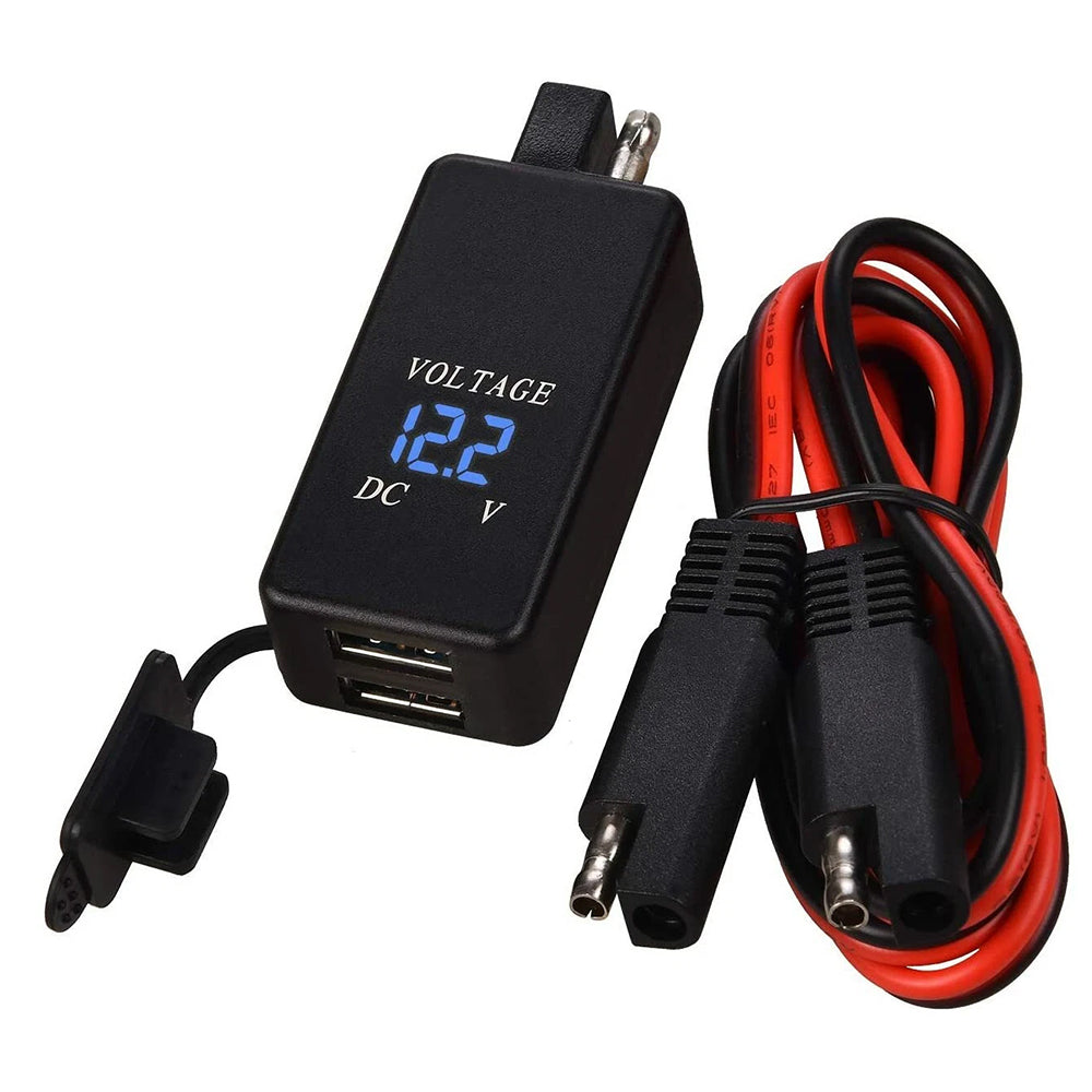 12V Motorcycle SAE to USB Dual Port Charger Voltmeter Cable Adapter Waterproof