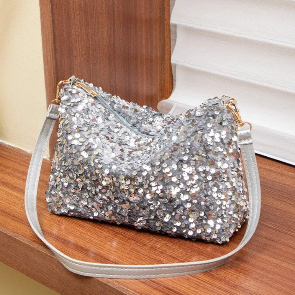 Women's Sequin Evening Bag - Sparkly Silver & Black Shoulder Bag Clutch Purse for Parties