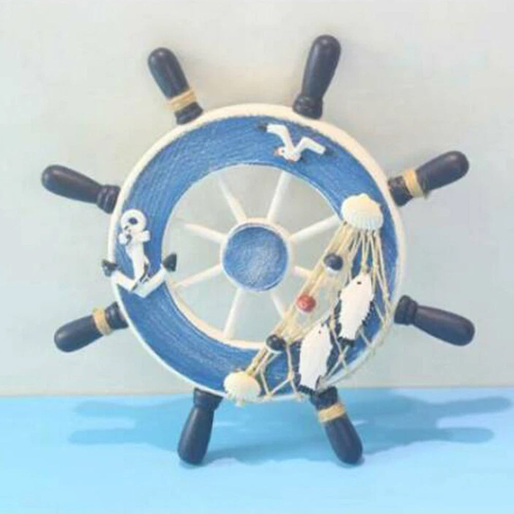 Wooden Ship Wheel Wall Decor, 23cm Nautical Steering Wheel with Blue Spokes for Beach House