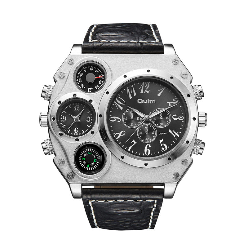 Men Army Sports Fashion Two Time Zones Big Dial Leather Strap Quartz Wrist Watch