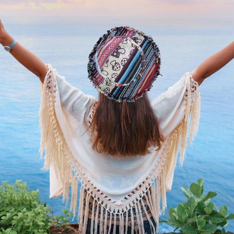 Multicolored Mushroom Hemp Fedora Handmade Sun Hat with Hidden Pocket Unique Cap