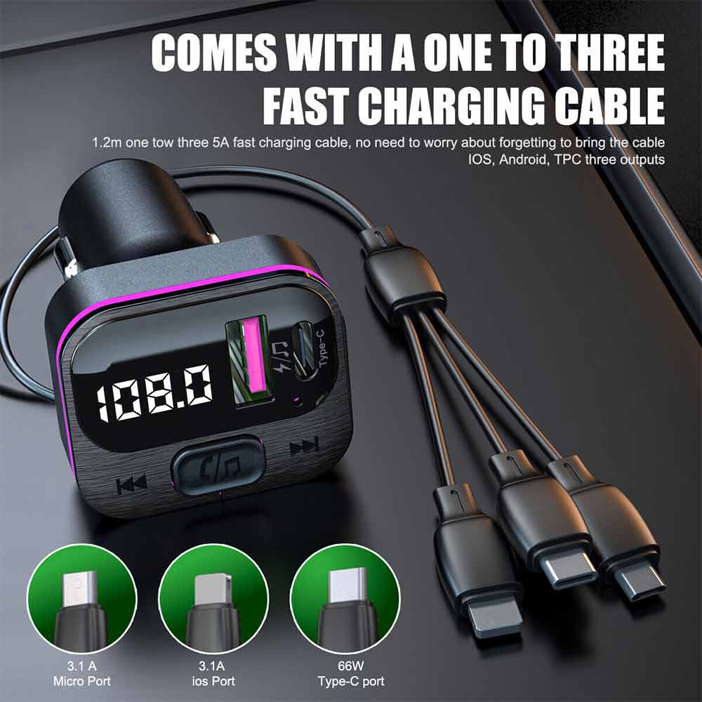 Car Bluetooth FM Radio Transmitter Adapter USB IOS Type C Fast Charger HandsFree