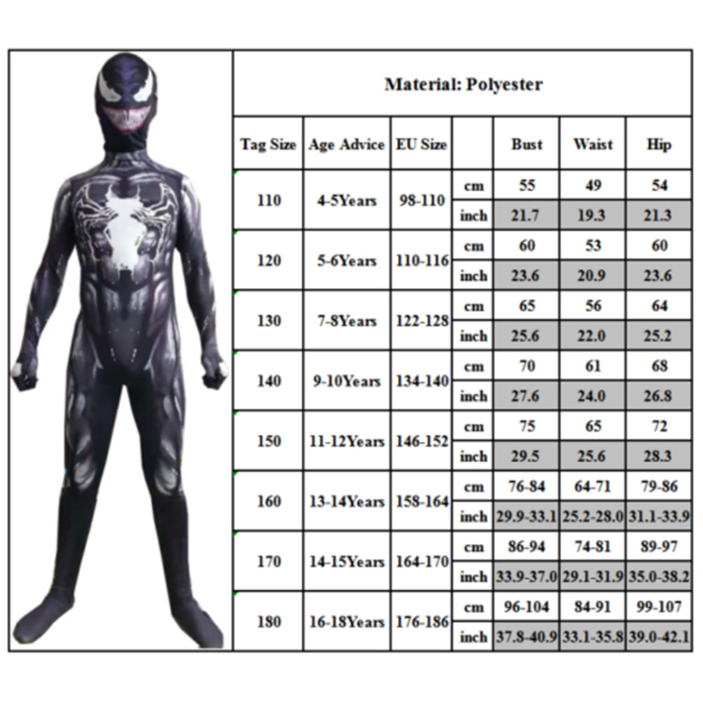 Kids Venom Costume Jumpsuit Boy Spiderman Superhero Cosplay Party Birthday Gift