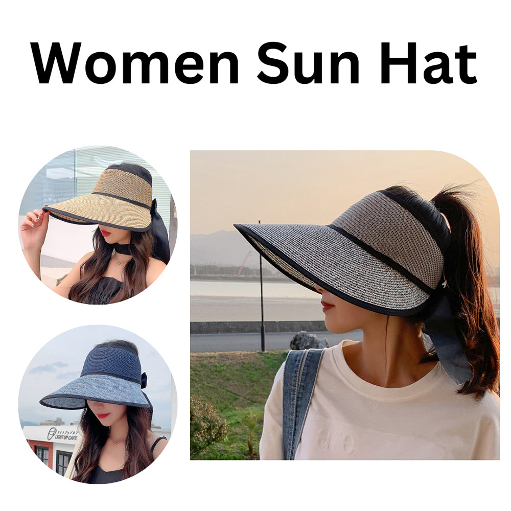 Women Empty Top Breathable Beach Sun Hat Visor Wide Brim Summer Foldable Cap