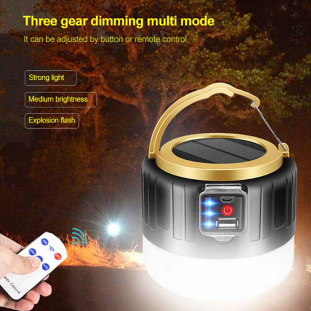 LED Solar Light + Remote Control + USB Rechargeable Tent Camping Emergency