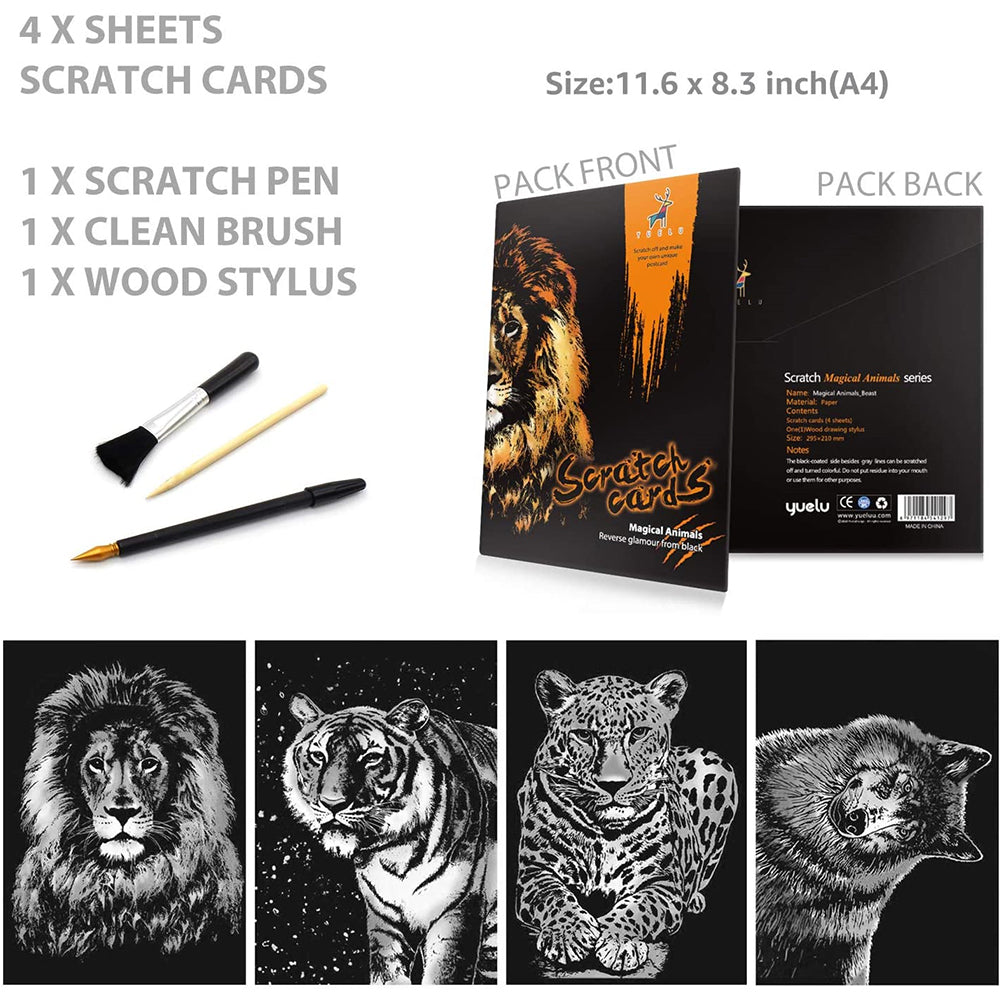 4PCS Scratch Art Rainbow Paper A4 for Adults and Kids DIY Art Craft Painting Scratchboard