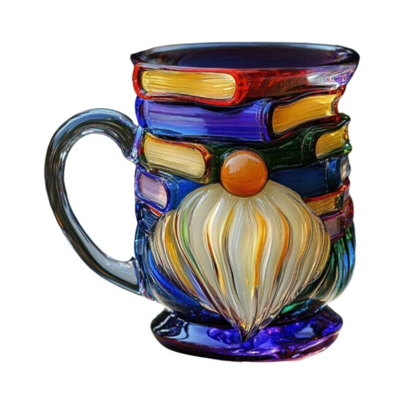 Glass 3D Painted Gnome Book Mug Stack Coffee Cup Novelty Room Home Decor