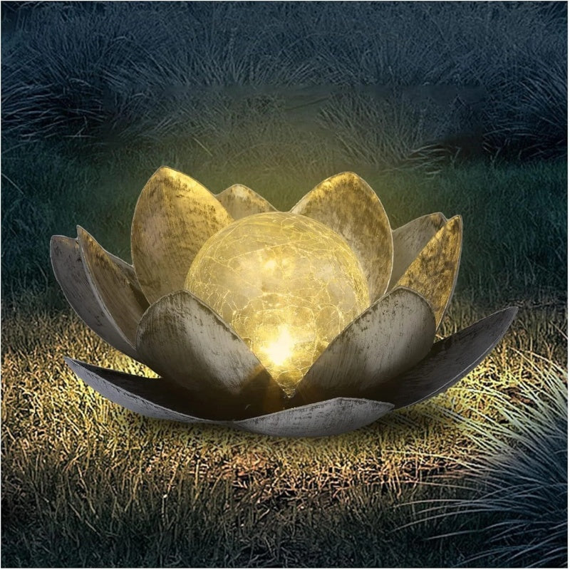 Solar Lotus Flower Light LED Damasque Silver Glass Crackle Ball Ornament 28cm