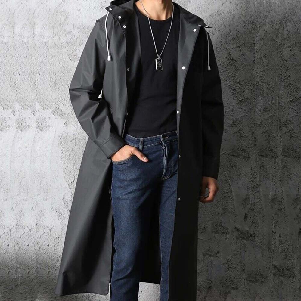 Mens Waterproof Long Raincoat Rain Coat Black Hooded Trench Jacket OutdoorHiking
