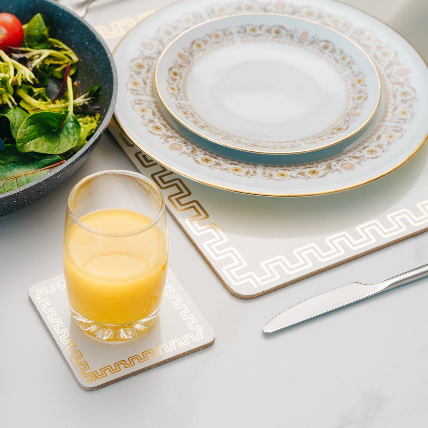 Clevinger 8 pcs MDF Placemats and Coasters Gold Border
