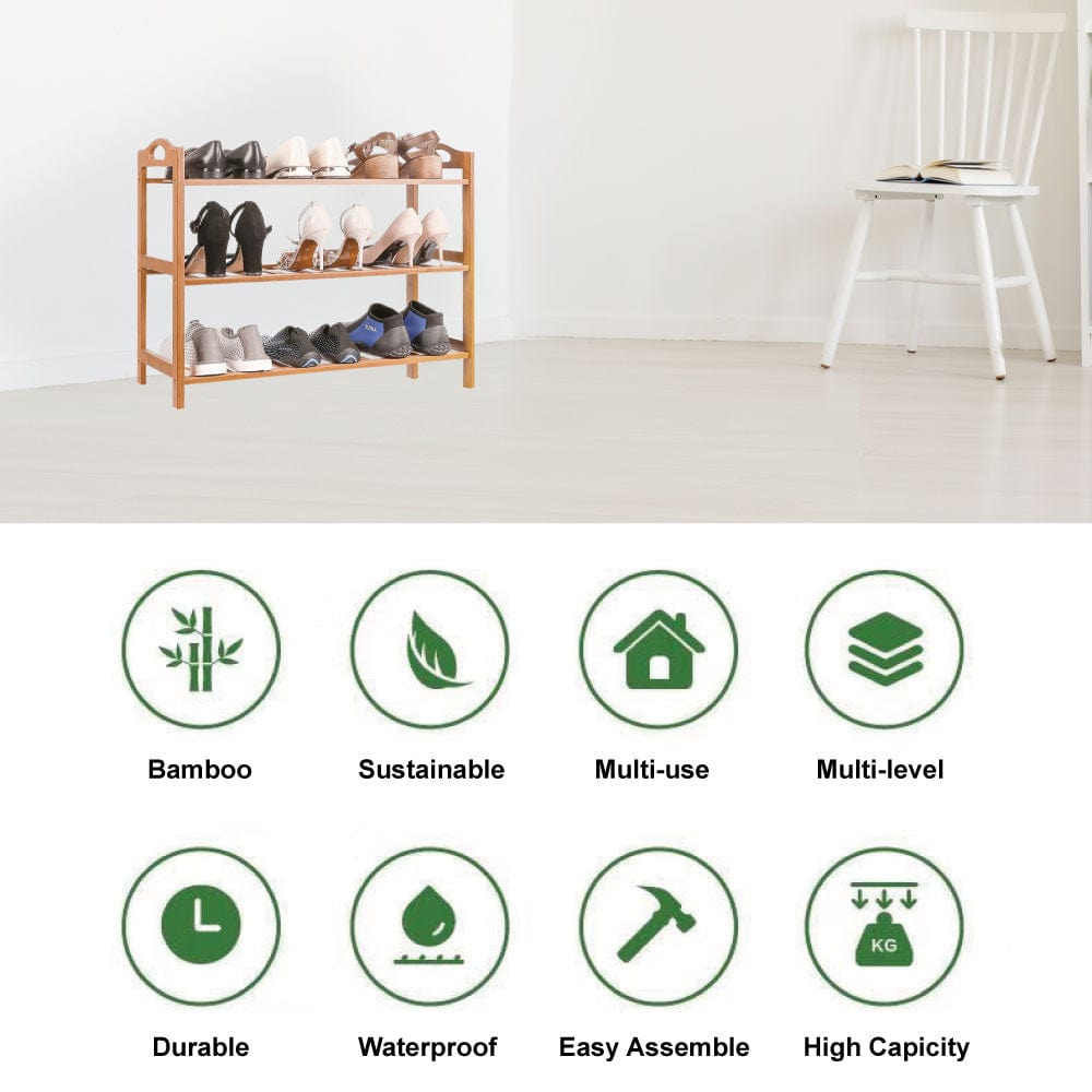 Bamboo 3 Tiers Layers Storage Shoe Rack & Organiser
