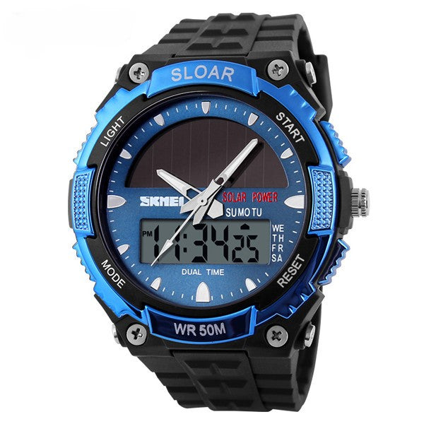 Men's Solar Power Sport Dual Time LED Digital Waterproof Analog Quartz Watch